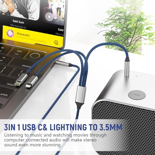 Image of Verilux 3-in-1 USB C Lighting 3.5mm to AUX Cable 1.2M /3.9Ft, AUX Cable for Speakers with Lighting /USB-C /3.5mm Ports for iPhone 17 /16 /15 /14 /13 /12, iPad, Galaxy S25 /S24 /S23, Car, Earphone