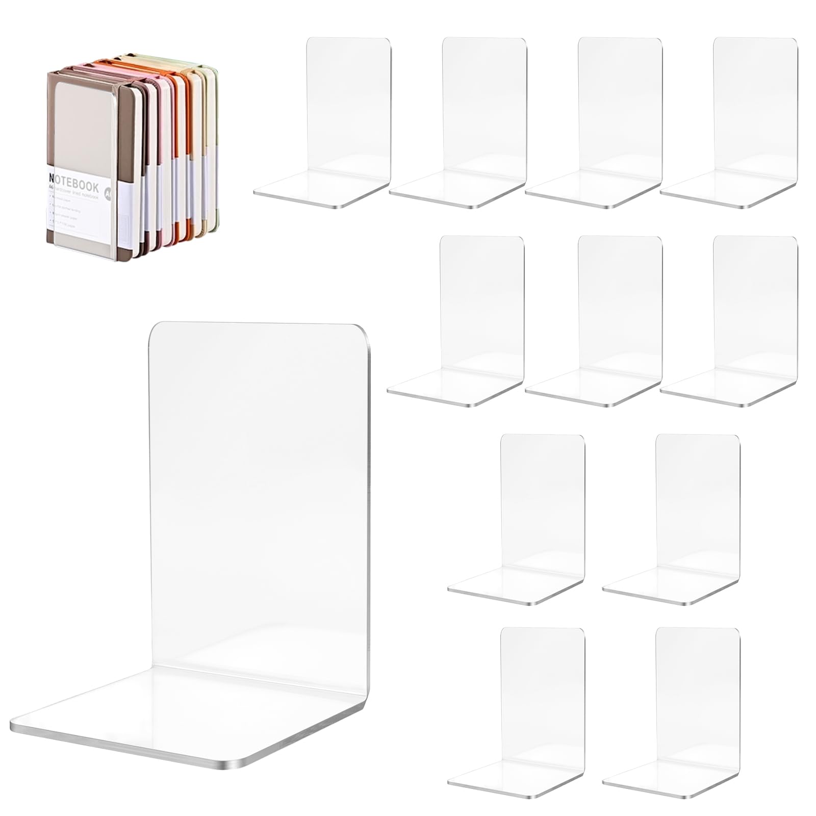 Cheungr Clear 12Pcs Acrylic Book Ends, Bookends Book Stoppers For Shelves Bedroom Library Office Bookshelf Organizer