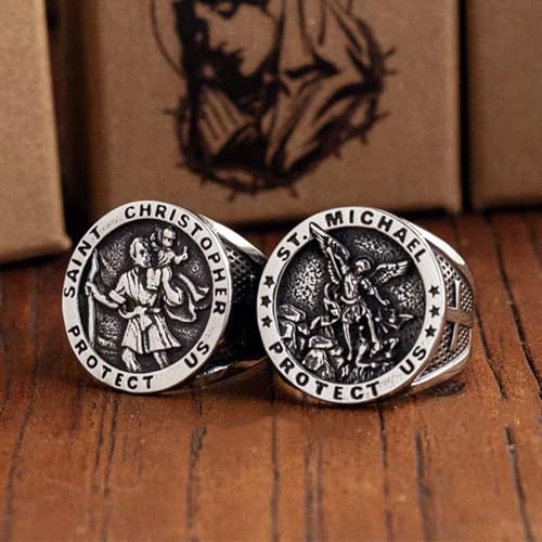 The Great Protector Archangel St. Michael Round Signet Ring for Men Punk Rock Vintage Retro Stainless Steel Patron Saint Michael Cross Religious Protection Talisman Amulet Rings Cocktail Party Jewelry2
