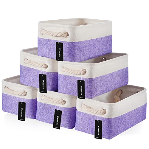 Image of Vinssin Storage Baskets 6 Pack, Small Purple Basket with Cotton Handles, Canvas Fabric Storage Bins for Organizing,Cupboards, Shelves, Clothes, Toys, Towel, (Purple+White,6 Pack(small)