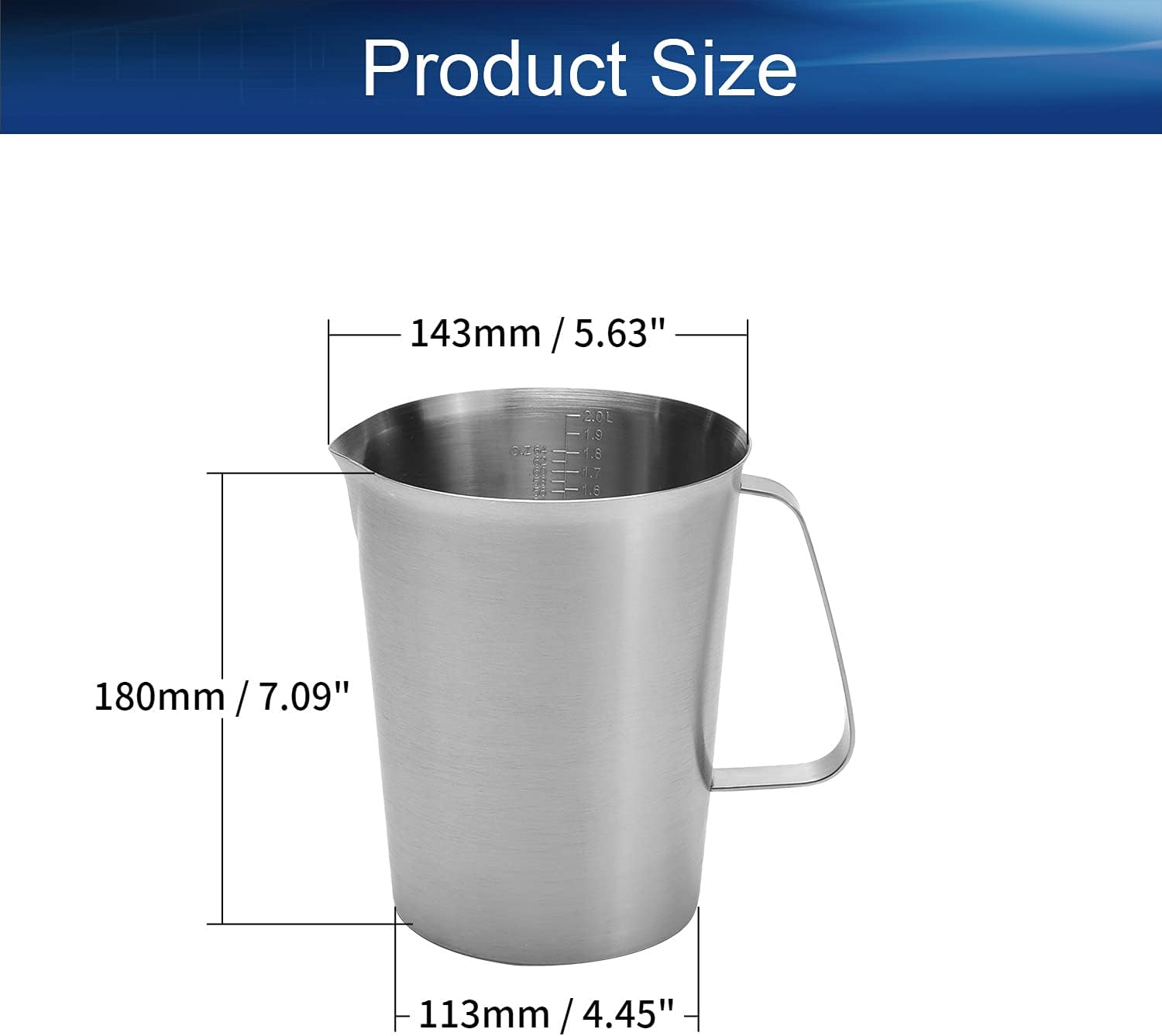 Bettomshin 1Pcs 2000ml Metric Measuring Cup, Stainless Steel Measuring Cup,Milk Frothing Cup with Marking and Handle, Heatable & Refrigeratable Mixing Cups Large Thickened