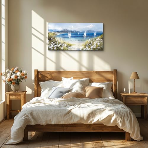crmotu Coastal Wall Art, Sailboat Wall Art, Beach Art Wall Decor, Beachy Scenery Large Artwork, Tropical Ocean Canvas Pictures for Living Room Bedroom, Mediterranean Scenic Wall Prints 20x40inch