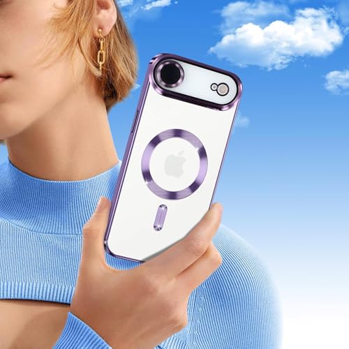 Image of Elzzi Electroplating Transparent Clear Logo Back Cover Case TPU Compatible with iPhone 17 Air, Compatible with Magsafe, Full Body & Individual Camera Protection for Each Lens for Men & Women(Purple)