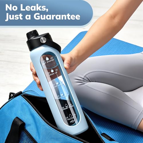 Image of Aqulea 32 oz Glass Water Bottle with 2 Lids - Spout & Straw Lids, 1L Motivational Borosilicate Glass Water Bottle with Time Marker & Silicone Sleeve, Leakproof (Ice Blue)