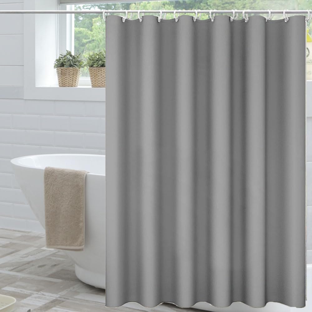 Shower Curtains Plain Color Basics Style, Mould Proof Mildew Resistant, Waterproof, Washable, Fabric Long Shower Curtain Liner with 12 Hooks for Bathroom Dormitory Kitchen(Grey, 180 x 180 cm)