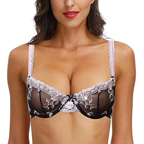 HWDI 34DD Sheer Unlined Bra See Through Non Padded Lace Plus Size Bralettes Black, 34E/DD Cover