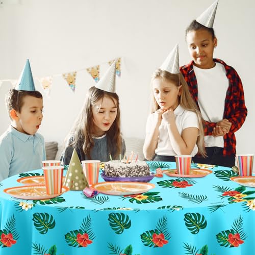 Image of Oudain 12 Pcs 84 inch Summer Round Hawaiian Tablecloths, Lagre Tropical Luau Plastic Table Covers with Palm Leaves & Hibiscus Flower, Aloha Tiki Beach Pool Party Decorations Supplies (Multicolor)