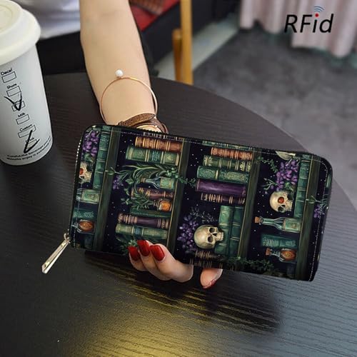 RFID Blocking Leather Wallet for Women – Large Capacity Zip Around Clutch with 8 Card Slots,41 Cash Pockets & Coin Zipper,Retro Bookshelf4