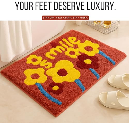 Image of SANMARINO Luxurious 2000 GSM Microfiber Bath Mat | Super Soft, Thick & Fluffy | Anti-Skid, Super Absorbent, Machine Washable Bathroom /Bedroom /Kitchen /Door Mat (40x60 cm, Pack of 1) Red & Yellow