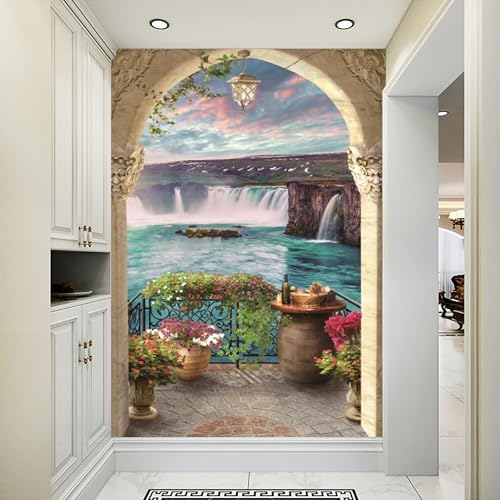 3D Arched Doorway Waterfall Flowers - Custom Size Wall Murals Self-Adhesive Removable Large Photo Wallpaper for Living Room, Bedroom, Bathroom, Office, Dining Room, Children's Room - Image 3
