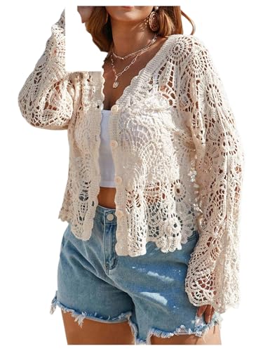 Floerns Women's Plus Size Hollow Out Knit Cardigan Sweater Long Sleeve Button Cover Up