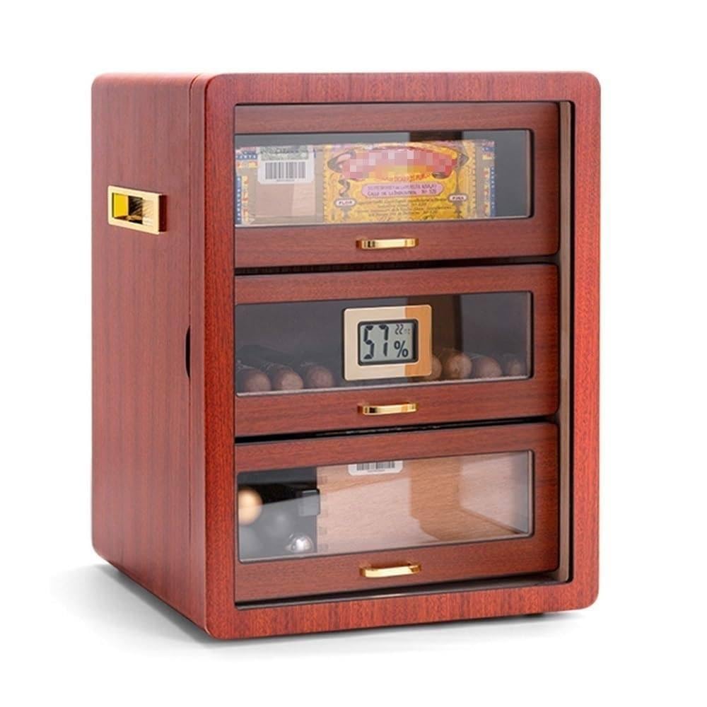 Zigarren-Humidor Zedernholz Aufbewahrungsbox mit 3 Schichten Schubladen und digitalem Hygrometer, Tisch-Elektro-Humidor für den Desktop-Einsatz