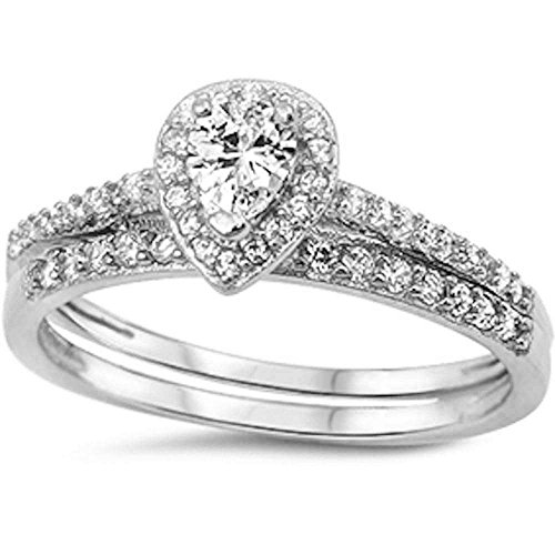 Oxford Diamond Co Beautiful Pear Cubic Zirconia Bridal Set .925 Sterling Silver Ring Sizes 8