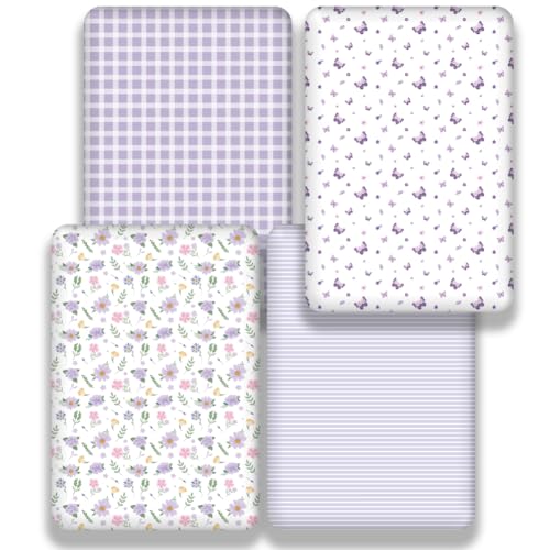 Image of 4 Pack Butterfly Baby Crib Sheets for Baby Girls Purple Crib Fitted Sheets for Standard Size Crib and Toddler Mattress Soft and Breathable (Crib)