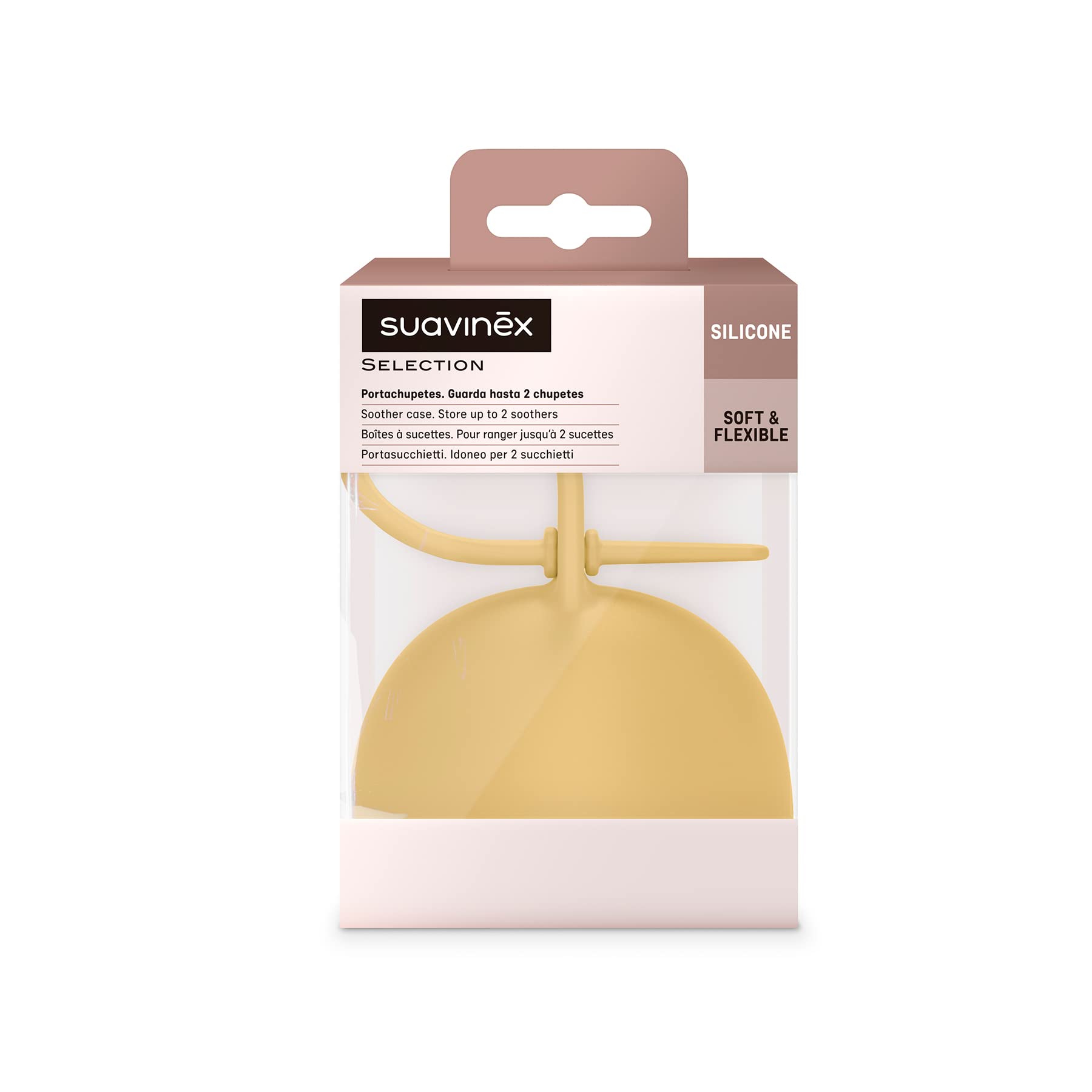 Suavinex, Portachupetes para Bebés. Funda para Chupetes de Silicona Flexible. Para llevar 2 Chupetes. Con Asa para Colgar. +0 Meses. Colour Essence, Mostaza