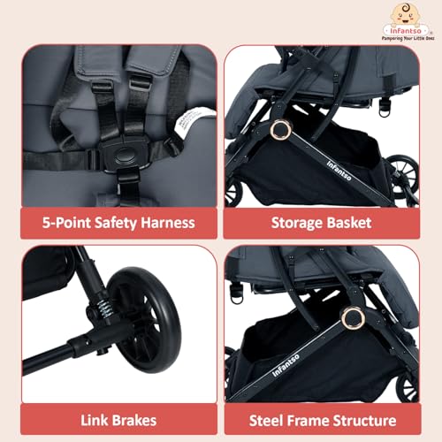 Image of Infantso RIDE-X Premium Baby Stroller / Pram Auto Fold with 5 Points Safety Harness, Multi Level seat Recline & Spacious Cushioned seat, One-Hand Fold and 360 Rotating Wheels, Travel Friendly, Extendable Canopy, Adjustable Footrest, Shock Absorption Wheels, Lightweight Stroller for 0 to 3 Years (Grey)