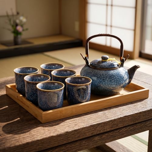Layhit Japanese Asian Tea Set for Adults with 1 Teapot 6 Cups 1 Tray, 22 oz Traditional Portable...