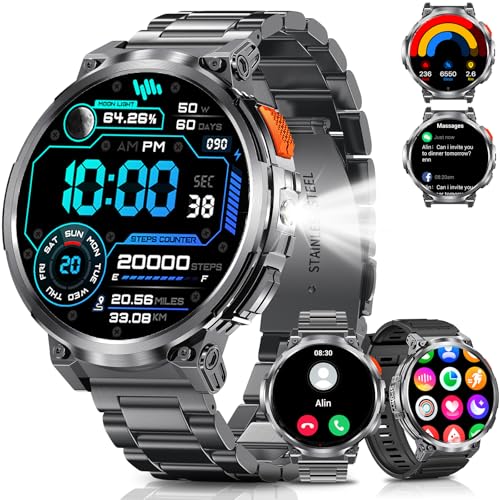 PODOEIL 1.85" Big Screen Military Smart Watch for Men with Flashlight, 730mAh Large Battery, IP68 Waterproof, Bluetooth Calling, 114 Sports Modes, Heart Rate/Sleep Monitor for iOS Android
