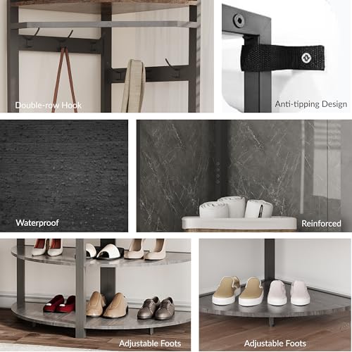 GarveeHome Corner Coat Rack with Shoe Bench Entryway, Corner Hall Tree with 6 Double Hooks, Corner Clothes Rack with Storage Corner Tree with Organizer Shoe Bench Shelf for Entryway, Hallway, Closet