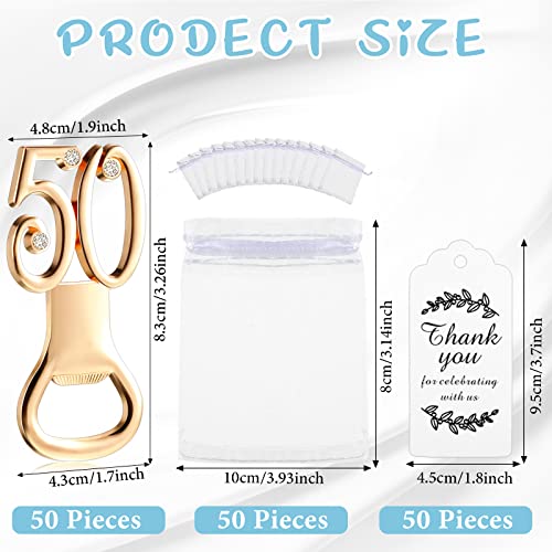 Baderke 50 Packs 50th Golden Bottle Opener Set 50th Birthday Party Favor Openers with Thank You Tags Organza Bags 50th Party Wedding Anniversaries Souvenirs Favors Decorations for Guests