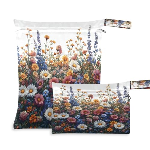 ATTX Watercolor Wildflower Wet Dry Bags 2-Pack - Reusable Cloth Diaper Storage for Travel, Beach & Gym | Multi-Use Waterproof Bags for Swimsuits, Baby Clothes, Sports Gear#22