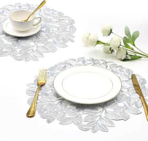 Image of Dakshya Industries Set of 2 PVC Waterproof Round Table Placemats 38x38 cm - Heat Resistant, Non-Slip Dining Table Mats (Silver)