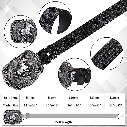 Hicarer 45'' Leather Buckle Belt Classic and Retro Belts for Men Cowboy with Horse Pattern Engraved Buckle3