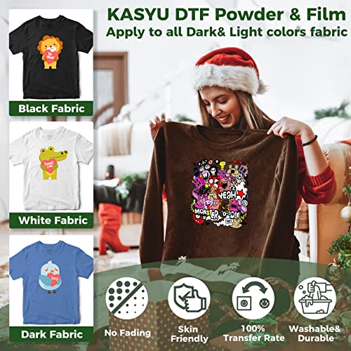 Kasyu Dtf Powder Film Kit With Sensor Recognition Stickers For All Dtf&Sublimation Printers,1.1 Lbs Dtf Powder&10Pcs Dtf Paper For All Color Fabrics, Transfer Paper On T Shirts Textile #TOP1