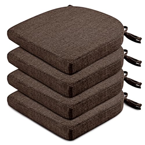Image of Wellsin Chair Cushions for Dining Chairs 4 Pack - Kitchen Chair Cushions with Ties and Non-Slip Backing - Dining Chair Pads 16 inchX16 inchX2 inch, Brown