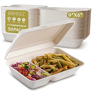 brheez Disposable Clamshell To Go Containers (50 Pack) Bagasse Fiber Biodegradable Containers With Lids, 9″x6″ (2-Compartment Boxes) For Takeout, Parties, & Holidays – Chemical Free, White