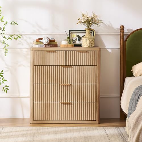 Image of LEYAOYAO Fluted 5 Drawers Dresser for Bedroom Set of 2, 34 inch Tall Modern Chest of Drawers with Metal Handle, Curved Profile Design,Natural Wood Drawer Organizer for Bedroom,Living Room,Hallway,Natural