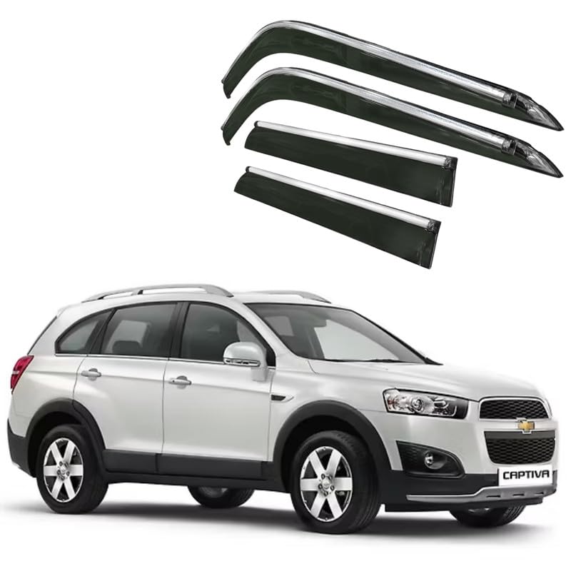 Image of CAR SAAZ Side Door Visors for Captiva (2006-2016)(Set of 4Pcs)|Chrome Lined Rain Guards, Polycarbonate, Smoke Finish