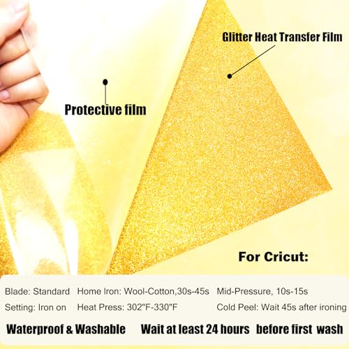 Image of Gold Glitter Heat Transfer Vinyl Rolls Gold Iron HTV Vinyl 12inch x 7feet Iron on Vinyl for T-Shirts DIY Design, Silhouette Cameo & Heat Press Machine Glitter HTV