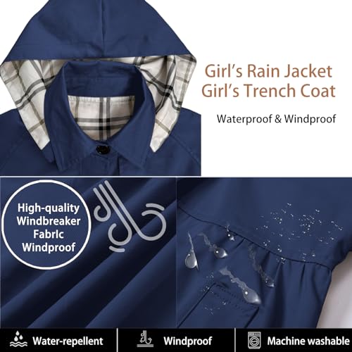 Betusline Girl's Rain Jackets Lightweight Waterproof Hooded Trench Coat Raincoats for Kids,2-14 Years3