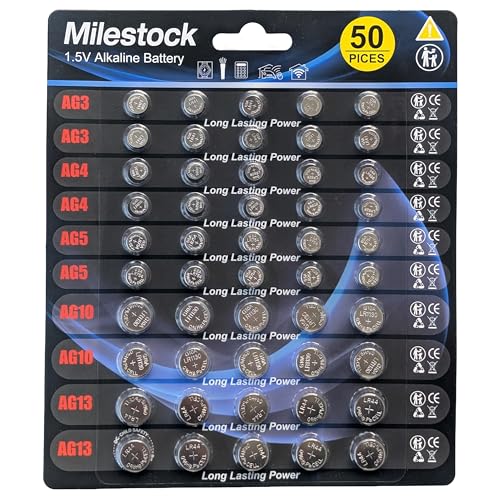 Milestock 50-pcs 1.5V Super Alkaline Button Cell Battery Assortment AG3 LR41, AG4 LR626, AG5 LR...