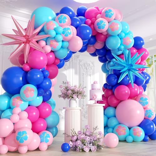 EICUECUE Royal Blue and Pink Balloons Garland Arch Kit - 5 10 12 18 inch Different Size Blue Pink Hibiscus Latex Balloons for Summer Tropical Hawaii Cartoon Birthday Baby Shower Party Decorations