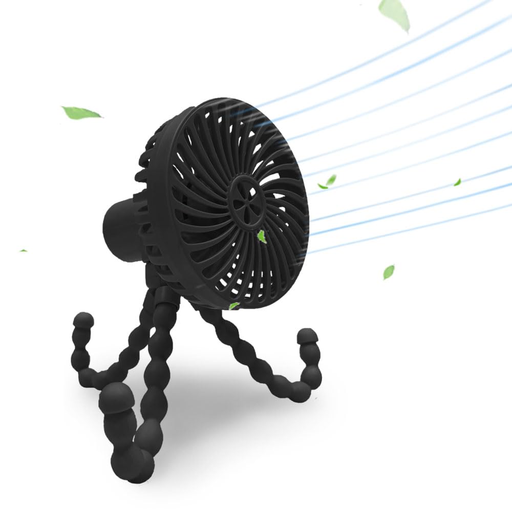 DTXDTech Stroller Fan 3000mAh Portable Mini Battery Operated Flexible Tripod USB Travel Fan, Hand Held Fans that Blow Cold Air Small Personal Portable Fans for Car Seat Crib Bedroom Travel (Black)