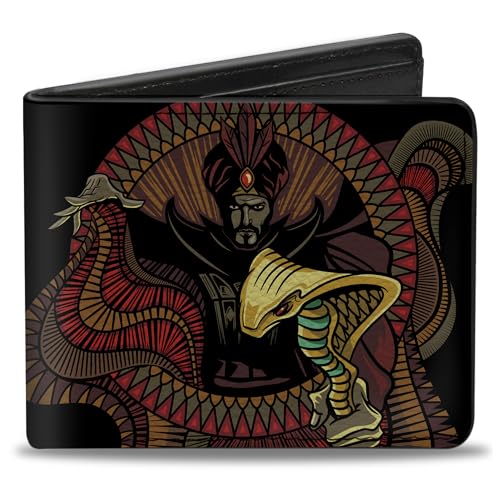 Buckle-Down Men's Disney Wallet, Bifold, 2019 Snake Staff Dark and Mysterious Multi, Vegan Leather, Aladdin Jafar, 4.0