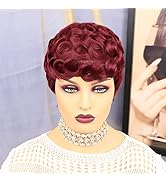 Rofa Short Wavy Synthetic Hair Wig Pixie Cut Curly Wig with Bangs for Black Women Wine Red Color ...