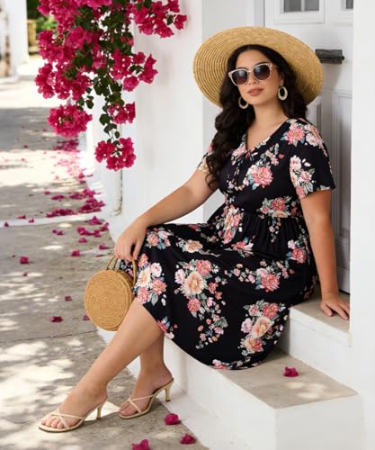 Image of RITERA Plus Size Dresses for Curvy Women Short Sleeve V-Neck Summer Dress Floral /Solid Midi Sundress with Pockets XL-5XL