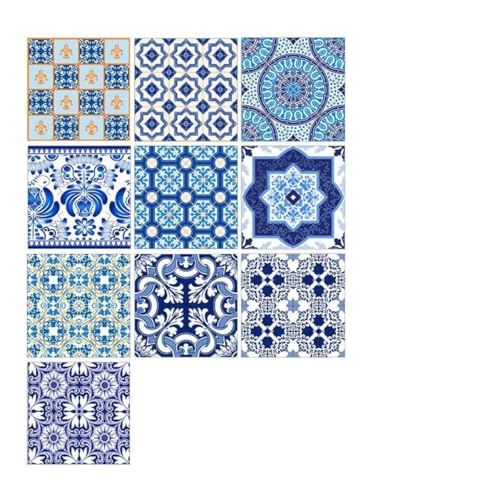 LIFKOME Calcomanías Para Piso y Pegatina De Pared De Pvc Antideslizante, Autoadhesiva, Estilo Porcelana Azul y Blanca, Para Cocina y Baño, Set De 10 Piezas De 10x10 Cm