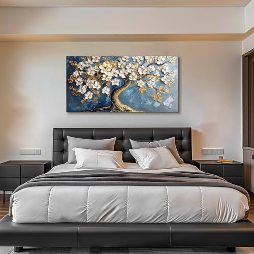 SERIMINO Gold Tree of Life Large Wall Art, Abstract Tree Oil Painting Art Prints, Cherry Blossom Flower Canvas Art Wall Decor, Modern Aesthetic Wall Pictures for Living Room Bedroom Office 24"X48"