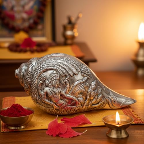 Image of Silver Plated Vishnu Lakshmi Shankh - 7 Inches Antique Finish Decorative Conch Shell with Detailed Religious Engravings - Auspicious Vastu Pooja Item for Home Mandir - Ideal Spiritual Gift