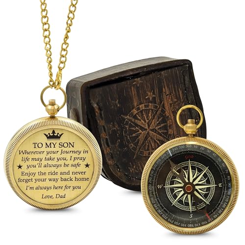 Brújula de Bolsillo de Latón Grabada con Estuche de Cuero – Brújula Náutica Vintage de 2" con Poema “para Mi Hijo” – Regalo Inspiracional para Hijo de Papá, Graduación, Cumpleaños y Navidad