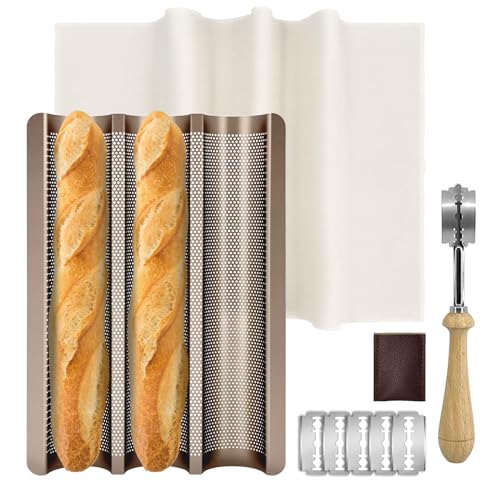 Baguette Bread Pan, Perforated French Bread Tray - 3 Loaf Nonstick Baking Sheet with Proofing Cloth & Dough Cutter Kit, Home Baker Supplies(15x11 Inch Gold)