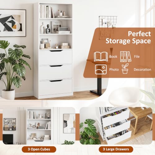 Image of Shintenchi Bookshelf,6-Tier Bookcase with 3 Drawers, 6 Shelf Display Storage Shelves Floor Standing 70.6 inches Tall Bookcase for Home Office, Living Room (White)