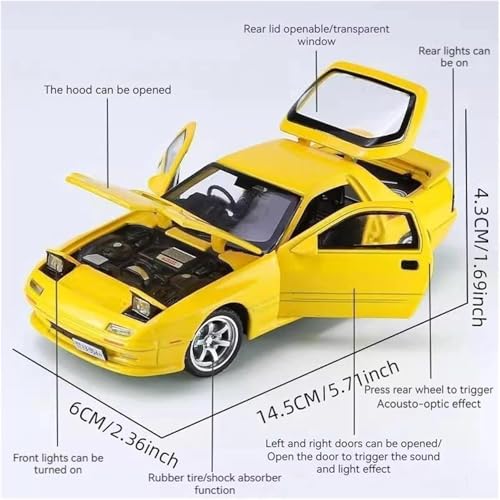Image of 1:32 Mazda RX-7 Diecast Metal Car Model, Pull Back Toy Car with Openable Doors, Sound & Light Effects, Alloy Vehicle for Kids Boys Girls & Collectors (Yellow)