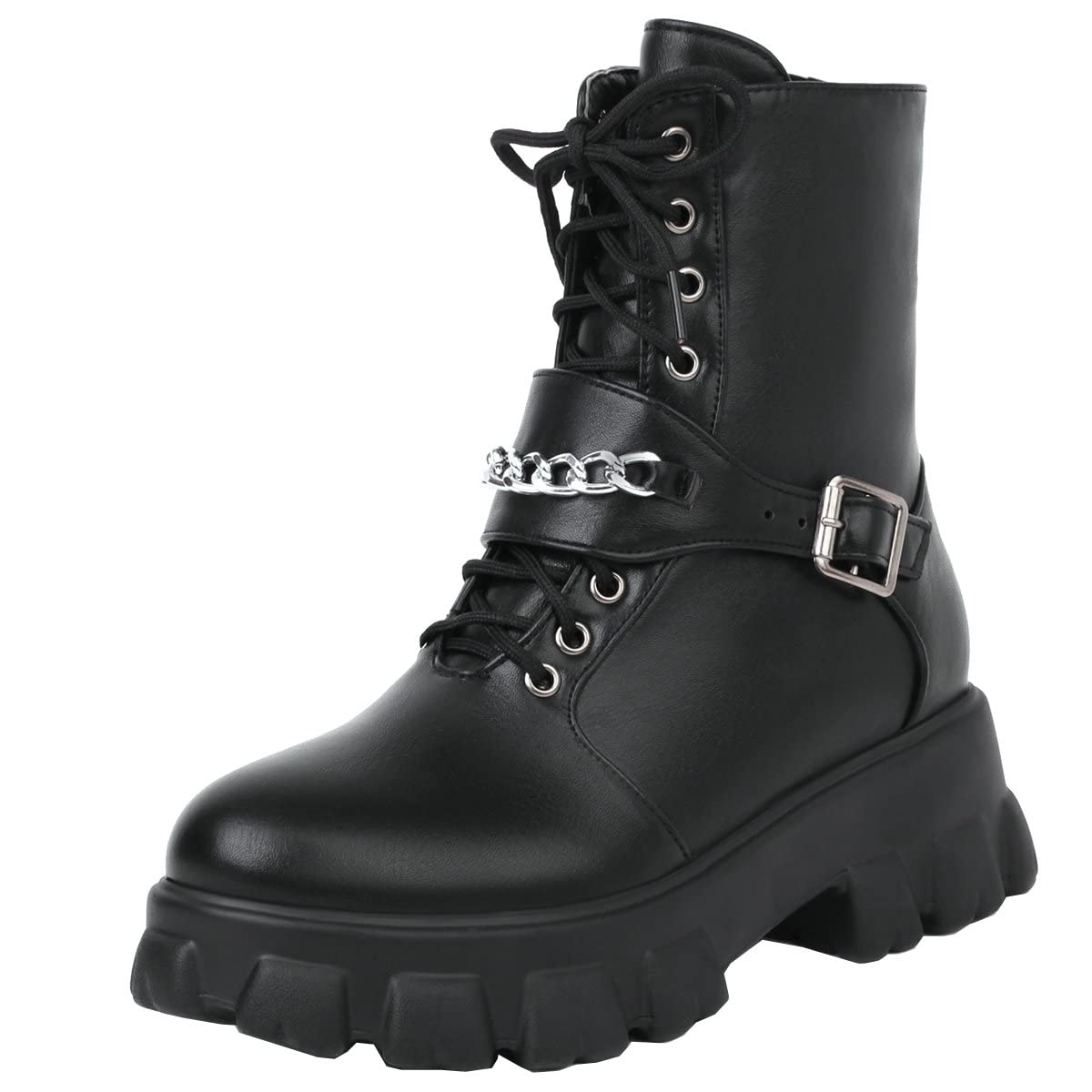 Uniquelly Womens Chains Combat Chuny Heel Booties Platform Ankle Boots Side Zipper Lace Up Buckle Round Toe Fashion Winter Shoes