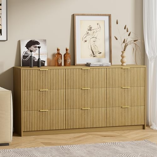Image of Furniway Mid Century Modern Dresser for Bedroom, 9 Drawer Wood Dresser with Fluted Front and Smooth Slides, 63 inch Wide Chest of Drawers, Natural Oak