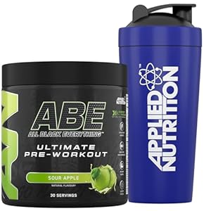 Applied Nutrition Bundle ABE Pre Workout 375g + 750ml Steel Protein Shaker | All Black Everything Pre Workout Powder, Energy & Physical Performance With Creatine, Beta Alanine (Sour Apple)